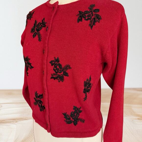 Vintage Lise J Cardigan Sweater Sz S Cardinal Red Black Embroidery and Beading - Picture 2 of 9